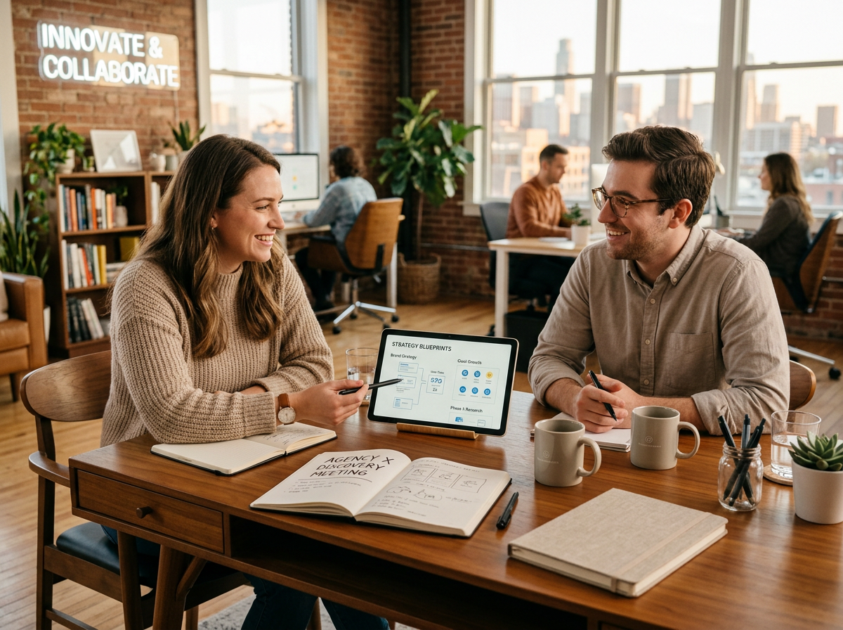 A modern meeting desk set up for a strategy discussion