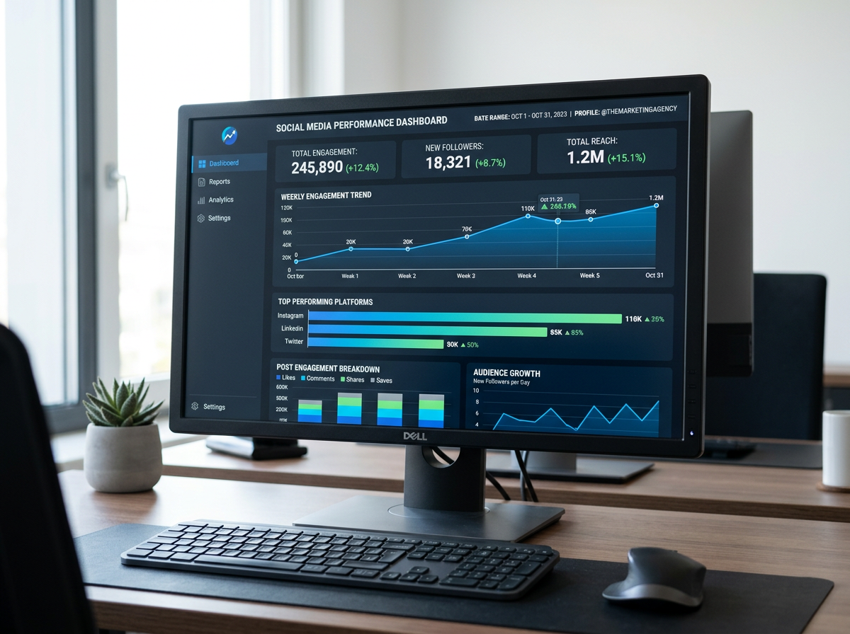 A modern social media analytics reporting dashboard display
