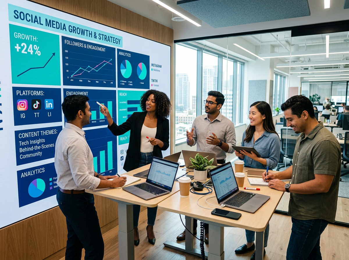 A team reviewing social media growth strategy and analytics together